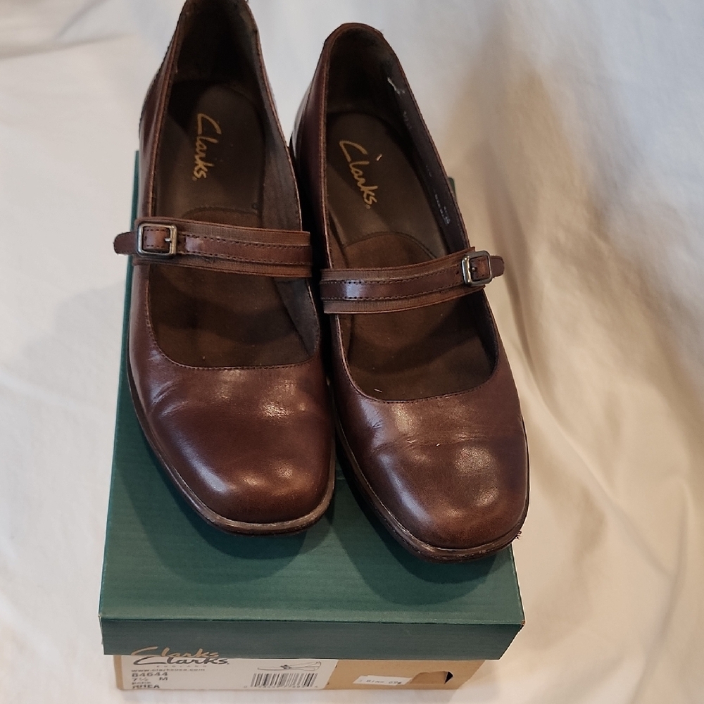 Clarks Brown Leather 2" Heels with Strap and Square Toe